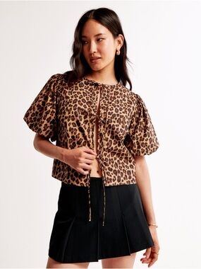 ABERCROMBIE & FITCH Leopard Print Open Tie-Front Top with Puffy Sleeves SZ S